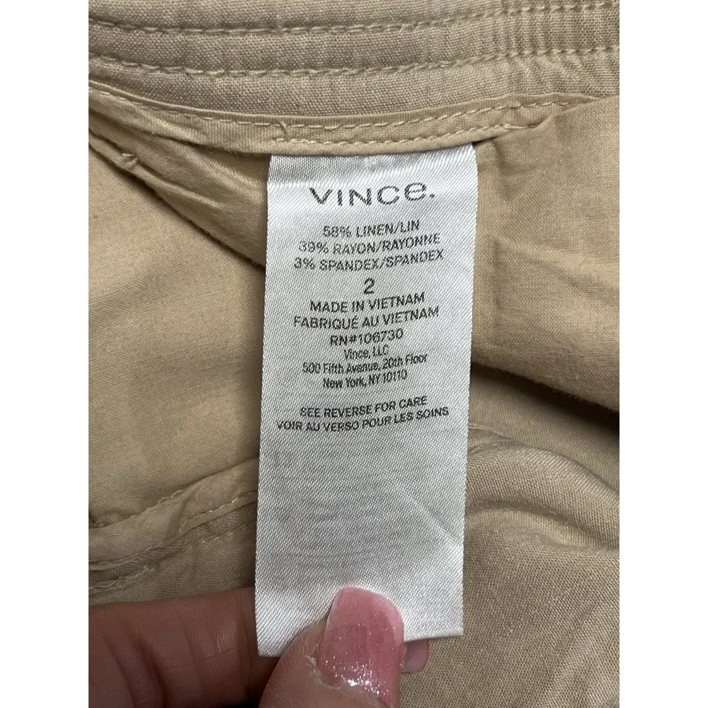 Vince Linen Blend Cargo Pants Womens 2 Khaki Utility Casual Relaxed Pockets - Picture 10 of 12